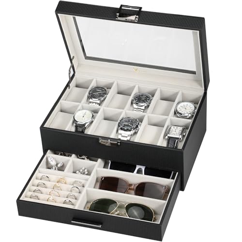 Voova Glass Top Watch Storage Case, Jewelry Organizer, Striped Black & Gray