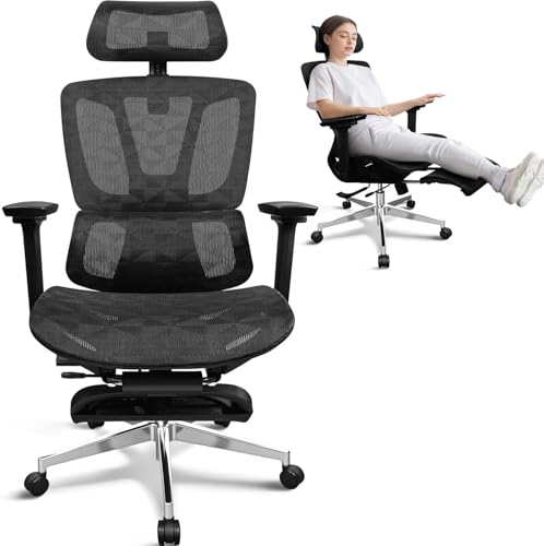 MELOKEA Ergonomic Office Chair with Adjustable Footrest, 4 Tilt Angles, 4D Armrests, Lumbar Support, Adjustable Depth, Leg Support, Big and Tall 150kg 1.55-2m Computer Swivel Desk Chair Mesh Seat