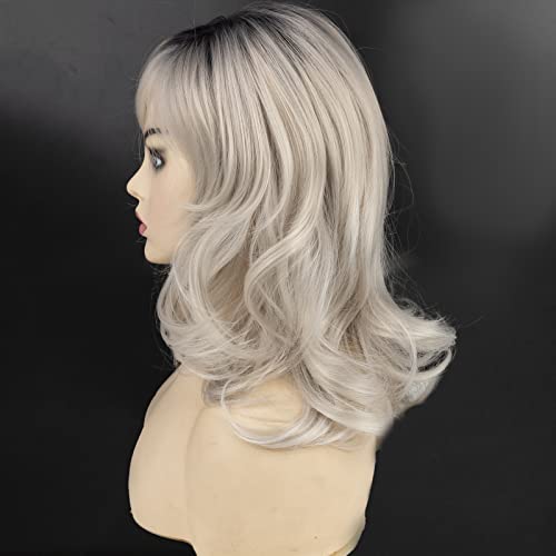 Renershow Medium Ombre Grey Wavy Synthetic Wigs For White Women Mixed Gray Wig With Dark Roots Layered Wave Curly Hair Replacement Wig(18 Inch) #TOP2