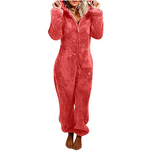 Narhbrg Women's Fleece One Piece Pajamas Onsie Sleepwear Warm Sherpa Pajamas Plus Size Hoodie Zipper Jumpsuit Rompers Loungewear #TOP20