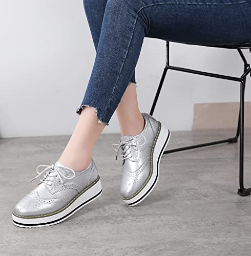 image for DADAWEN Women's Platform Lace-Up Wingtips Square Toe Oxfords Shoe Silv