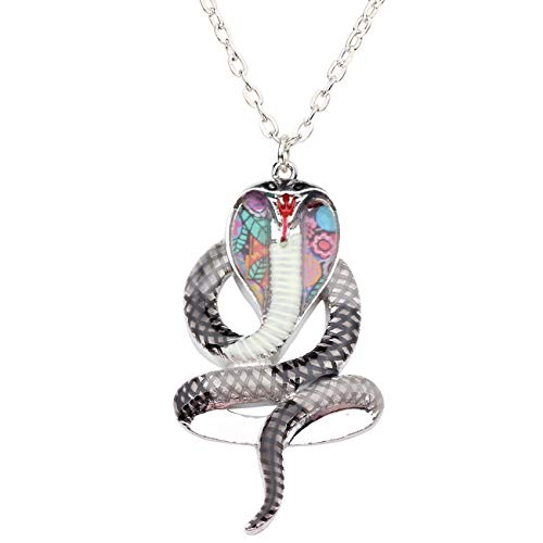 DUOWEI Cobra Naja Snake Necklace Floral Enamel Pendant Animal Jewelry 18'' Chain (Black)