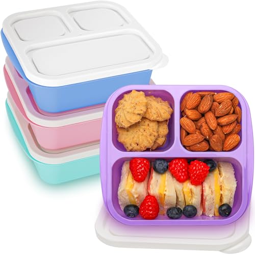 TOUWMX Lunchable Container, 4 Pack Bento Box For Kids, 3 Compartments Bento Snack Box Meal Prep Containers For Adults, Reusable Food Storage Containers Snack Containers for School, Work, Travel