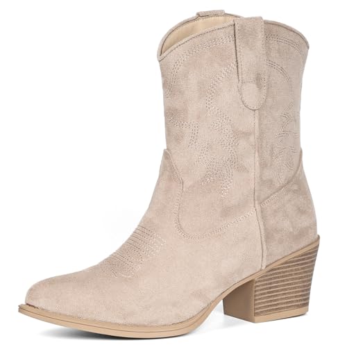 Image of IXU Cowboy Boots for Women Ankle Cowgirl Booties Wide Mid Calf Pointed Toe Western Boots Short Chunky Classic Booties