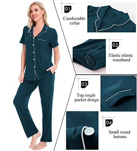 Image of SWOMOG Women Pajama Sets Two-Piece Nightwear Short Sleeve Sleepwear Button Down Pj Lounge Sets with Long Pants