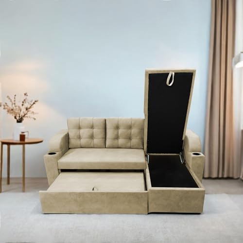 Image of Casaliving Grance RHS 4 Seater Corner Sofa Cum Bed for Living Room with Storage (Cream Fabric) Premium Fabric Sofa Cum Bed