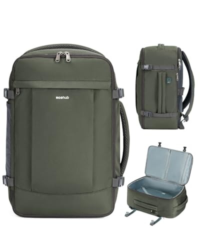 ECOHUB 30L Handgepäck Rucksack Flugzeug, Diebstahlsicher für Easyjet Handgepäck 45x36x20, 3D Laptop Reiserucksack, Recycelt Travel Backpack Wasserdicht, Cabin Bag für Damen Herren(Armee Grün)