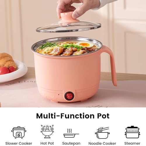 Image of Electric Cooking Pot with Steamer 1.5L | Multi-Function Mini Cooker | Non-Stick Inner | Travel Friendly Kitchen Appliance (Peach, Without Steamer)