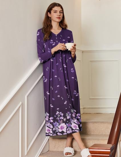 Ekouaer Women's Long Sleeve Nightgown Full Length Sleepwear Long Sleepshirts Henley Sleep Dress S-4XL - Image 3