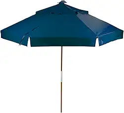 Ombrelone Redondo em Madeira Tauari, 2,40 m, 8 Varetas, Tecido Bagum Bege com Proteção UV 30%, Altura 2,38 m C/ABA (Azul Marinho)