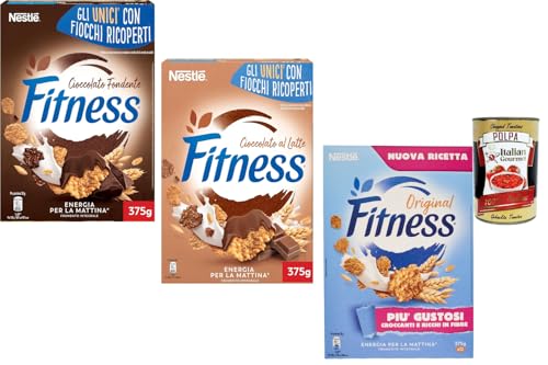 Italian Gourmet Fitness - Cereales para desayuno (3 x 375 g) – Surtido de cereales integrales con chocolate amargo, chocolate con leche y clásico, cereales crujientes ricos en fibra y polpa italiana