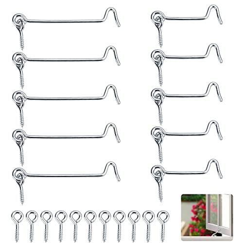 QUCUMER 10 Pièces crochet de cabine 10/6.3cm Crochet Cabine Crochet Fermeture Porte Serrure à Crochet de Porte en Acier Inoxydable Argent crochets de cabine avec œillets vis de fixation Pour Fenêtre Cover