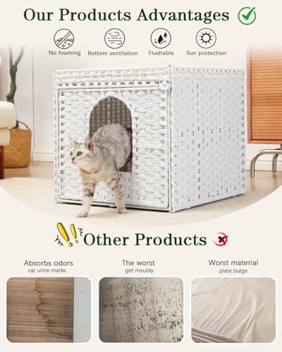 Image of SETVSON Cat Litter Box Enclosure Furniture, Large PE Rattan, White | Large PE Rattan Kitty House fits Large Litter Boxes, Top Fence, Included Litter Mat, 2 S-Hooks, Sturdy Metal Frame