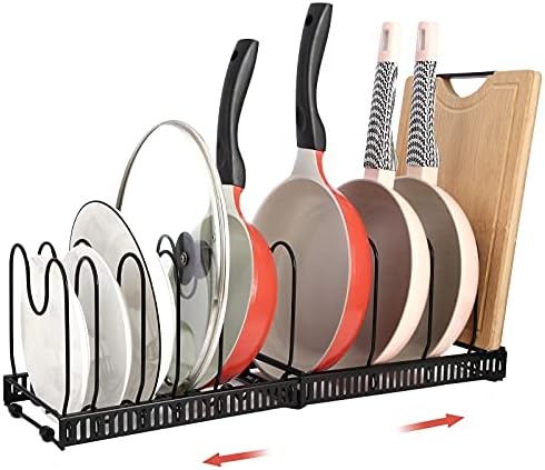 Pots and Pans Organizer Lid Organizer Dishes Bakeware Storage Rack Expandable Black Rack Holder with 10PCS Adjustable Compartment for Kitchen Cabinet Cupboard Drawer Counter