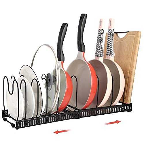Pots And Pans Organizer Lid Organizer Dishes Bakeware Storage Rack Expandable Black Rack Holder With 10Pcs Adjustable Compartment For Kitchen Cabinet Cupboard Drawer Counter #TOP3
