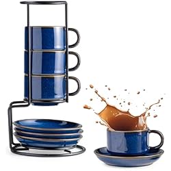 Gomakren 2.5oz Espresso Cups Set of 4 with Saucers Metal Rack, Cobalt Blue | Small Demitasse Cups for Coffee Drinks & Halloween Gifts | Lead-Free Porcelain, Thick Heat-Retaining Walls, Stackable Storage