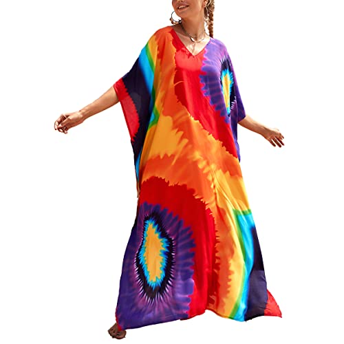 Image of sunforyou Kaftan Dresses for Women Plus Size Lightweight Swimsuit Cover up Batwing Sleeve Print Loungewear Beach Robe