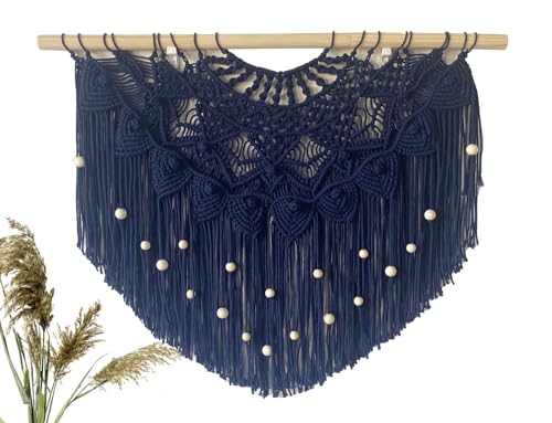 Youngeast Large Macrame Wall Hanging Boho Beaded Curtain for Window Macrame Bedroom Headboard Living Room Wall Art Tassel Tapestry Bohemian Woven Wall Decor 31 W X 25 H (Navy)
