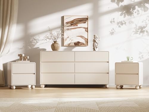 MAISONARIA Mid-Century 3-Piece Dresser Bedroom Set 6 Drawer Dresser & 2 Drawer Nightstands with Curved Profile Design & Handle Free Wood Chest of Drawers for Bedroom Living Room Hallway Beige