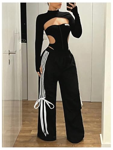 SOLY HUX Women's Striped Side Bow Knot Pants Elastic Waist Baggy Wide Leg Long Pants4