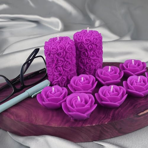 Image of Wax Scented Candles For Home Decor, Lavender Fragrance, Pillar And Floating Candles Combo, Purple Colour, Pack Of 10, 4 X 7 Cm