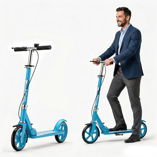 Scooters for Kids 8-12, Teens & Adults - Foldable&Portable Commuter Scooter with 8" Wheels, Bell, Hand Brake & Adjustable Height 30"-40.5", 240 lbs, Manual Push Scooter for Campus & Park, Blue