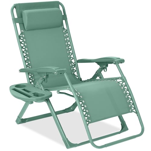 Best Choice Products Adjustable Zero Gravity Chair, Monochromatic Color Folding Patio Recliner w/Side Tray, Headrest - Seafoam