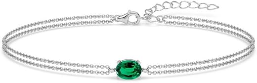 Clara 925 Sterling Silver Green Solitaire Double Chain Bracelet | Adjustable, Platinum Plated, Swiss Zirconia | Gift for W...
