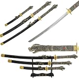 Snake Eye Tactical Dragon Design Handle Samurai Katana Triple Sword Set w/Sword Stand (Black & Gold)