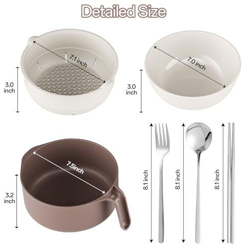 Image of MEACOLIA Large Ramen Bowl Set, Microwave Noodle Pasta Cooker with Lid and Strainer, Stainless Steel Travel Utensils, College Dorm Room Essentials for Girls Guys (Beige)