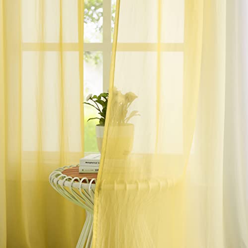 Yellow Ombre Chiffon Sheer Window Curtain Panels 63 Inch Long Crinkle Voile Sheer Curtains For Living Room Kids Room, Set Of 2 Gradient Window Crushed Treatment Drapes Bedroom, Rod Pocket 52"X63"X2 #TOP1