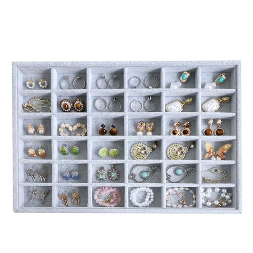 Image of Wudygirl 36 Grid Velvet Jewelry Tray Jewelry Organizer Earring Storage Ring Holder Display Drawer Inserts with Adjustable Divider (Gray)