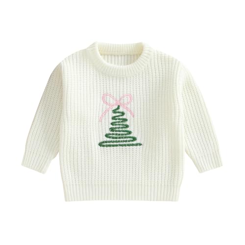 Little Toddler Girl Baby Christmas Sweater Tree/Wreath Embroidered Crew Neck Long Sleeve Pullover Chunky Knit Tops