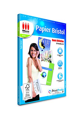 Papier Bristol A4 - 30 Feuilles Papier Cartonné, Format A4, 200 g/m², Dessin, Imprimable Recto/Verso, Impressions jusqu'à 4 800 dpi, Compatible Imprimantes Jet d'Encre ou Laser - Micro Application