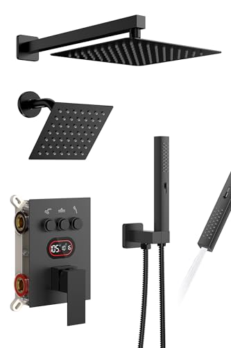 Push Button Diverter Shower Faucet Set Hydro Power Temperature Display, Shower System Wall Mounted 10" & 6" Shower Head with 3-Spary Handheld, Shower Fixtures with Valve and Trim Kit, Matte Black