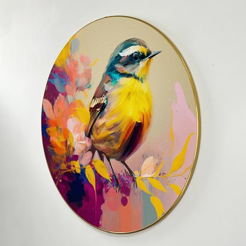 Image of PAINTINGMANTRA Birds Sitting on Tree Round Large Wall Art Painting for Living Room Decoration, Circular Gold Metal Finish Stylish Large Wall Art Print for Wall Decor (22x22 Inches)