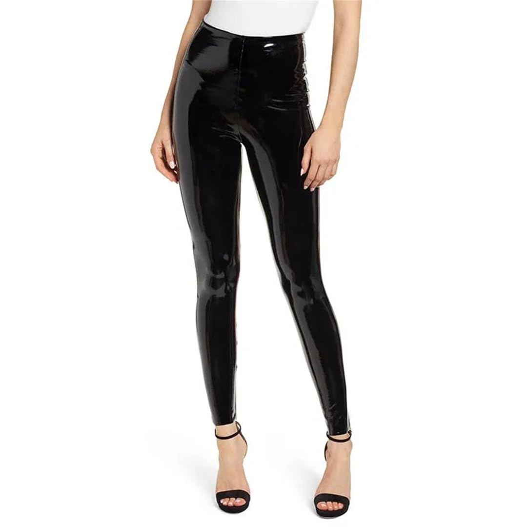 Wvapzxx Elastyczne legginsy z PVC z wysokim stanem damskie na co dzień błyszczące skórzane spodnie ołówkowe wąskie spodnie bodycon