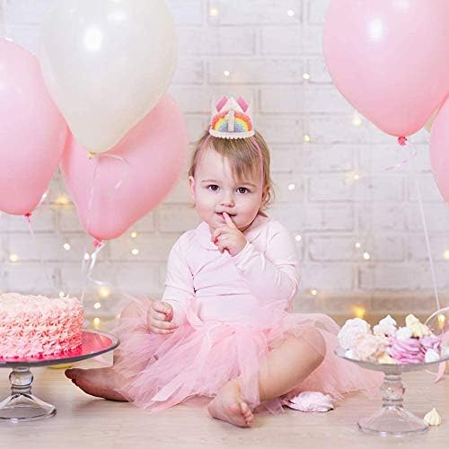 RONGRONG Rainbow Crown Hat Pink Birthday Party Crown Headband Glitter Crown for Baby Girls first Birthday Celebration