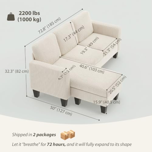 Image of HOMCOM 73 inch L-Shaped Sectional Sofa Couch, Reversible Chaise, Cream White