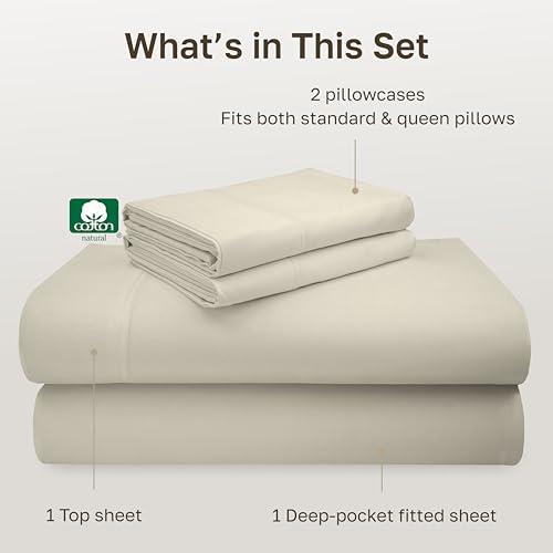 Image of California Design Den Queen Size Sheet Set - Luxury 600 Thread Count Sateen, 100% Cotton Sheets, Deep Pockets, All Around Elastic for a Snug Fit, Hotel Quality Bedding Set - Ivory (Warm Cream)