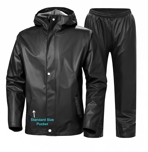 Image of Mens Raincoat Suit with Pant Set Elegancia Series | Waterproof Lightweight Breathable Rain Wear | Elastic Cuff & Waterproof Zipper Raincoat for men waterproof (IN, Alpha, L, Spectrum Black)