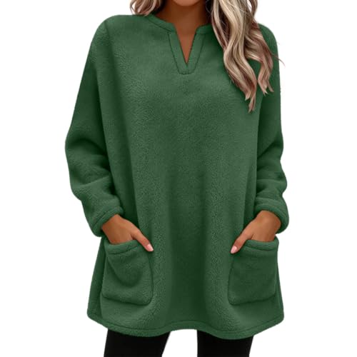 Fleece Sweatshirts For Women V Neck Long Fuzzy Sherpa Sweaters Army Green - image 1