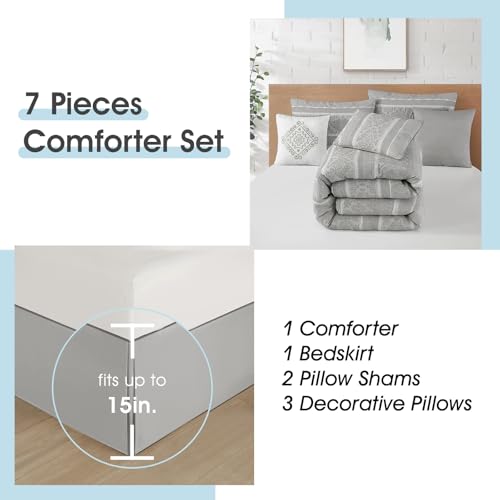 Image of LANCO MODERN LIFESTYLE 7 Piece Queen Comforter Set, Grey, Elegant Jacquard with Patchwork, Stylish and Cozy Bedding Collection, Premium Bedding Set with Bedskirt, Shams and Pillows