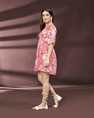 Image of DRESOUL Women's Pink Rayon Printed Party Fit and Flare Dress