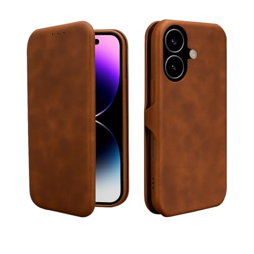 Image of Premium Vegan Leather Phone Cover with Card Slot - Slim, Durable, Privacy Protection, Kickstand Function, Elegant Flip Wallet Cases Compatible for iPhone 17 (Brown)