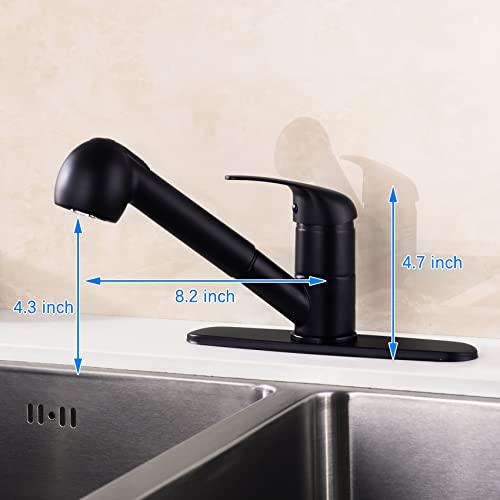 Bzoosiu Stainless Steel Pull Out Sprayer Kitchen Sink Faucet With Deck Plate, Single Lever Low Arch Rv Kitchen Faucet, 1-Hole Or 3-Holes Installation Bar Faucets, Matt Black #TOP5