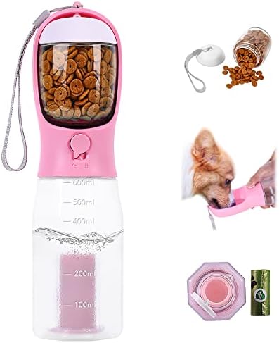Gkqlczyy 3-in-1 Portable Multifunctional Dog Water Bottle Dispenser for Walking&Hiking and Crate with Food Container, Replaceable Waste Bags, Leak Proof,Dishwasher Safe,BPA-Free (20oz-Pink)