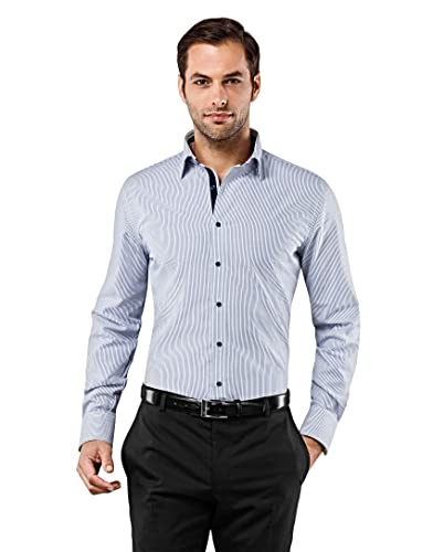 Vincenzo Boretti Chemise Homme Coupe cintrée Slim-fit, 100% Coton, Tissu agréable à Porter, Manches-Longues, col Kent, rayée avec triplure de Contraste - Facile à Repasser Bleu/Blanc 41-42 Cover