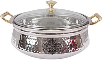 Indian Art Villa Stainless Steel Hammered Design Handi/Bowl/Casserole with Toughened Glass Lid & Brass Knob & Handles, Volume-400 ml, Pack of 2