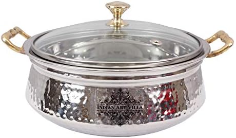 Indian Art Villa Stainless Steel Hammered Design Handi/Bowl/Casserole with Toughened Glass Lid & Brass Knob & Handles, Volume-400 ml, Pack of 2